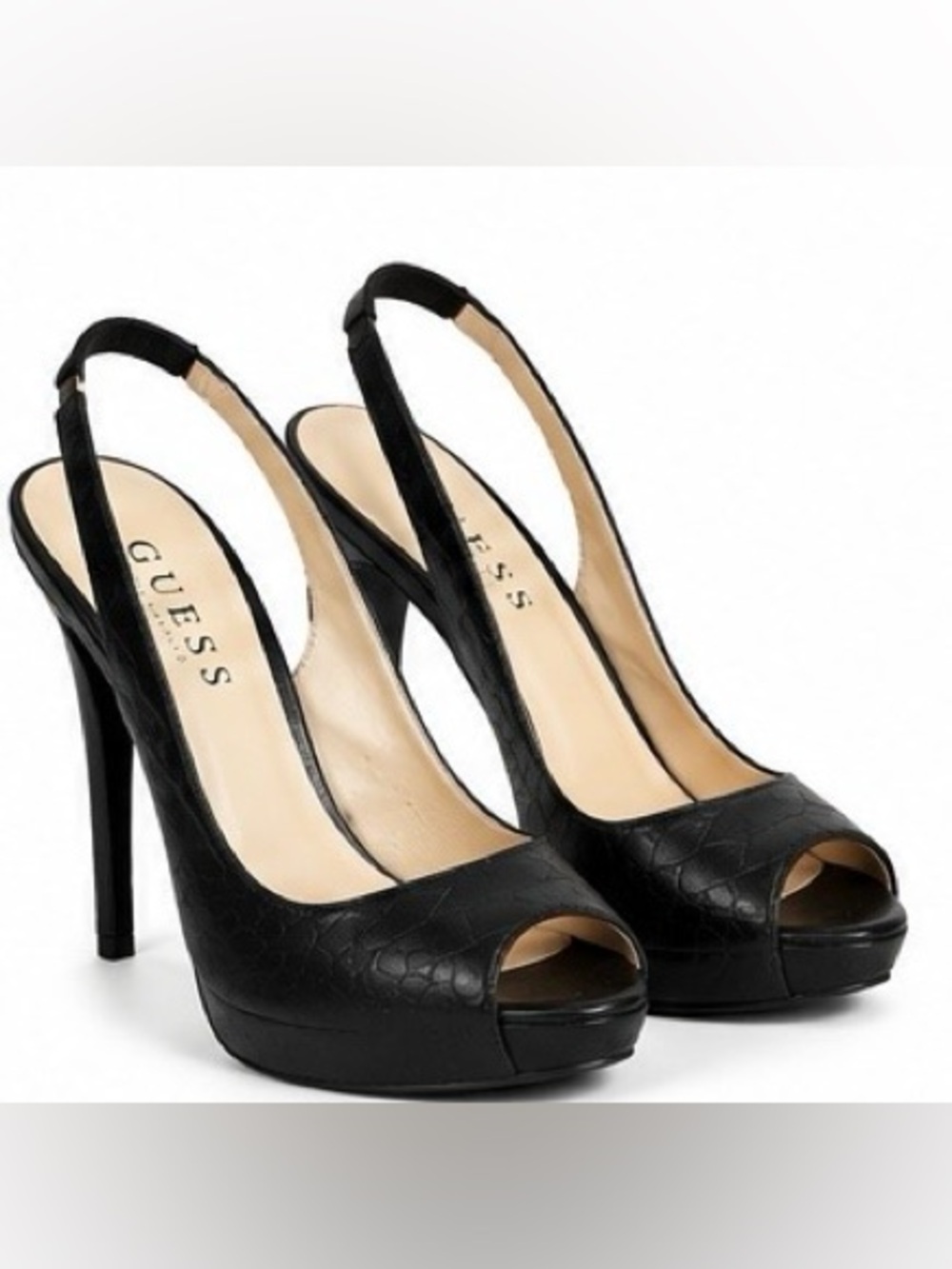 GUESS Black Snakeskin Embossed Peep Toe Platform Slingback Heels Size 6